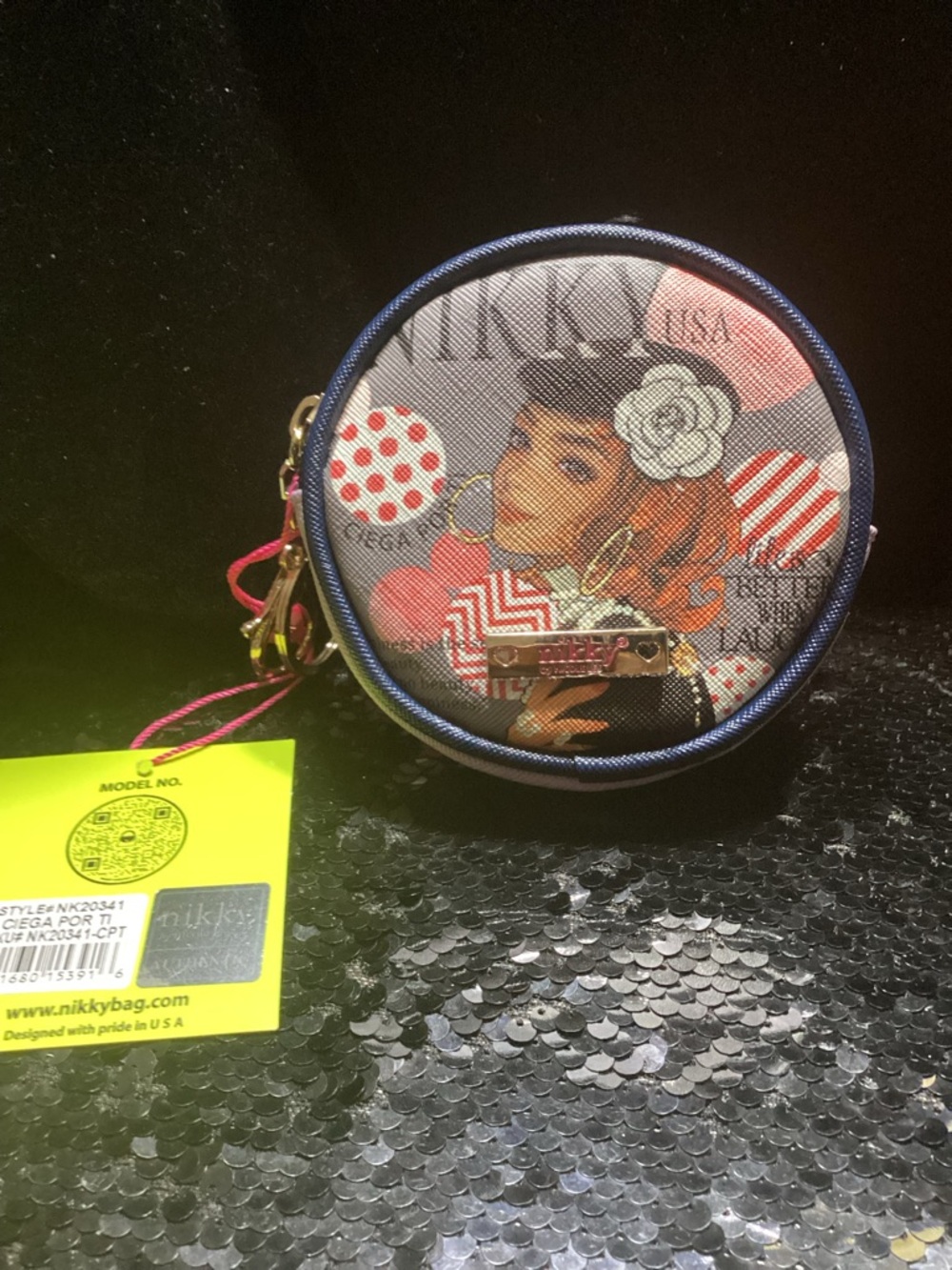 Nikki Round Graphic Coin Case in Navy Blue